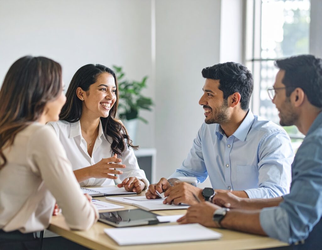Firefly_candid office image, with happy employees in a meeting, talking with each other, natu 965318
